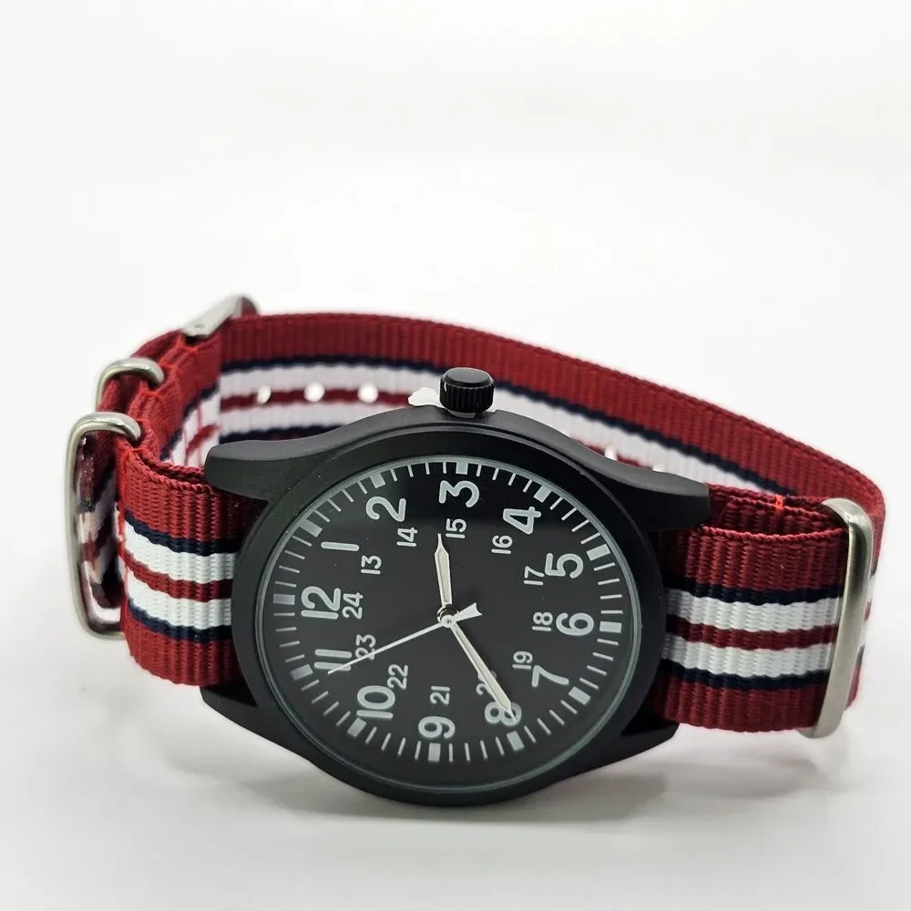 Men's Military Watch 42MM Large Case Black Dial Red Blue White Canvas Band Strap